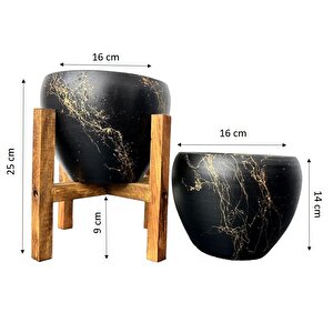 Siyah Üzeri Gold Mermer Efektli Toprak Saksı Saksılık Salon Çiçeklik İkili Set Ayaksız -4 Ayaklı-15 Cm