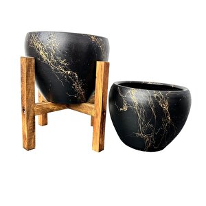 Siyah Üzeri Gold Mermer Efektli Toprak Saksı Saksılık Salon Çiçeklik İkili Set Ayaksız -4 Ayaklı-15 Cm