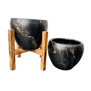 Siyah Üzeri Gold Mermer Efektli Toprak Saksı Saksılık Salon Çiçeklik İkili Set Ayaksız -4 Ayaklı-15 Cm