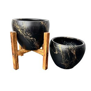 Siyah Üzeri Gold Mermer Efektli Toprak Saksı Saksılık Salon Çiçeklik İkili Set Ayaksız -4 Ayaklı-15 Cm