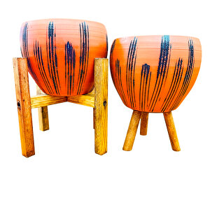 Siyah Çizgi Desenli Terrakota Toprak Saksı Saksılık Salon Çiçeklik İkili Set 3 Ayaklı- 4 Ayaklı- 15 Cm