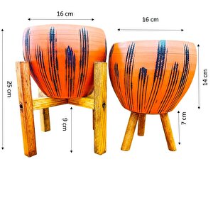 Siyah Çizgi Desenli Terrakota Toprak Saksı Saksılık Salon Çiçeklik İkili Set 3 Ayaklı- 4 Ayaklı- 15 Cm