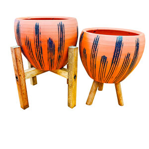 Siyah Çizgi Desenli Terrakota Toprak Saksı Saksılık Salon Çiçeklik İkili Set 3 Ayaklı- 4 Ayaklı- 15 Cm
