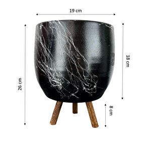 Siyah Üzeri Beyaz Mermer Efektli Toprak Saksı Saksılık Salon Çiçeklik 3 Ayaklı - 19 Cm