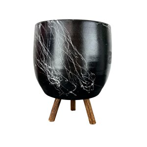 Bitki Tasarımı Siyah Üzeri Beyaz Mermer Efektli Toprak Saksı Saksılık Salon Çiçeklik 3 Ayaklı - 19 Cm