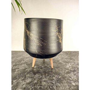 Bitki Tasarımı  Siyah Üzeri Gold Mermer Efektli Keskin Hatlı Toprak Saksı Saksılık Salon Çiçeklik 3 Ayaklı - 19 Cm