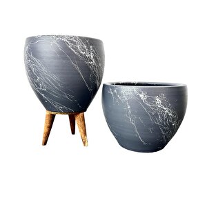 Gri Üzeri Beyaz Mermer Efektli Toprak Saksı Saksılık Salon Çiçeklik İkili Set Ayaksız - 3 Ayaklı- 15 Cm