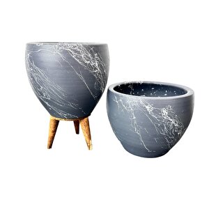 Gri Üzeri Beyaz Mermer Efektli Toprak Saksı Saksılık Salon Çiçeklik İkili Set Ayaksız - 3 Ayaklı- 15 Cm