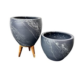 Bitki Tasarımı Gri Üzeri Beyaz Mermer Efektli Toprak Saksı Saksılık Salon Çiçeklik İkili Set Ayaksız - 3 Ayaklı- 15 Cm