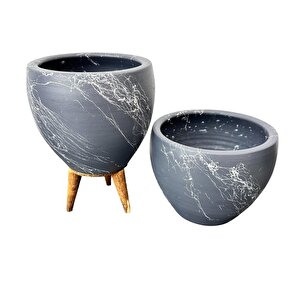 Bitki Tasarımı Gri Üzeri Beyaz Mermer Efektli Toprak Saksı Saksılık Salon Çiçeklik İkili Set Ayaksız - 3 Ayaklı- 15 Cm