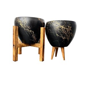 Siyah Üzeri Gold Mermer Efektli Toprak Saksı Saksılık Salon Çiçeklik İkili Set 3 Ayaklı- 4 Ayaklı- 15 Cm