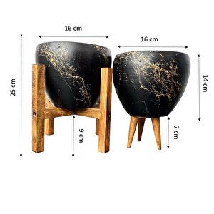 Siyah Üzeri Gold Mermer Efektli Toprak Saksı Saksılık Salon Çiçeklik İkili Set 3 Ayaklı- 4 Ayaklı- 15 Cm