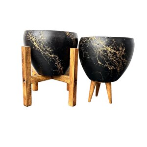 Siyah Üzeri Gold Mermer Efektli Toprak Saksı Saksılık Salon Çiçeklik İkili Set 3 Ayaklı- 4 Ayaklı- 15 Cm