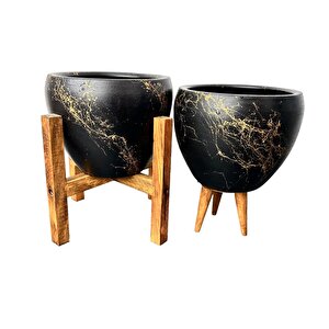 Bitki Tasarımı Siyah Üzeri Gold Mermer Efektli Toprak Saksı Saksılık Salon Çiçeklik İkili Set 3 Ayaklı- 4 Ayaklı- 15 Cm