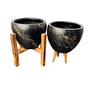 Bitki Tasarımı Siyah Üzeri Gold Mermer Efektli Toprak Saksı Saksılık Salon Çiçeklik İkili Set 3 Ayaklı- 4 Ayaklı- 15 Cm