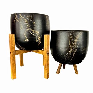 Siyah Üzeri Gold Mermer Efektli Toprak Saksı Saksılık Salon Çiçeklik İkili Set 3 Ayaklı- 4 Ayaklı- 19 Cm