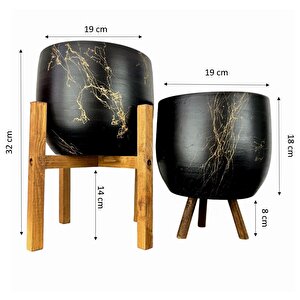 Siyah Üzeri Gold Mermer Efektli Toprak Saksı Saksılık Salon Çiçeklik İkili Set 3 Ayaklı- 4 Ayaklı- 19 Cm