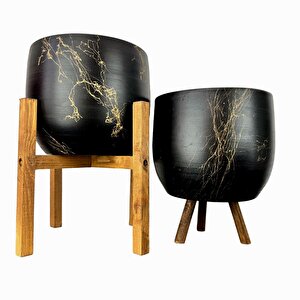 Siyah Üzeri Gold Mermer Efektli Toprak Saksı Saksılık Salon Çiçeklik İkili Set 3 Ayaklı- 4 Ayaklı- 19 Cm