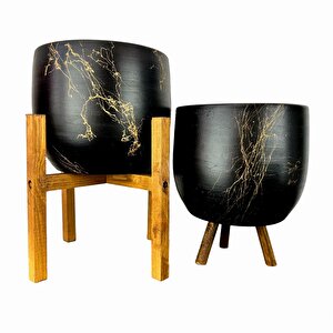 Bitki Tasarımı Siyah Üzeri Gold Mermer Efektli Toprak Saksı Saksılık Salon Çiçeklik İkili Set 3 Ayaklı- 4 Ayaklı- 19 Cm