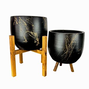 Bitki Tasarımı Siyah Üzeri Gold Mermer Efektli Toprak Saksı Saksılık Salon Çiçeklik İkili Set 3 Ayaklı- 4 Ayaklı- 19 Cm
