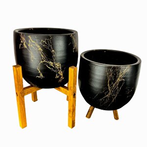 Bitki Tasarımı Siyah Üzeri Gold Mermer Efektli Toprak Saksı Saksılık Salon Çiçeklik İkili Set 3 Ayaklı- 4 Ayaklı- 19 Cm