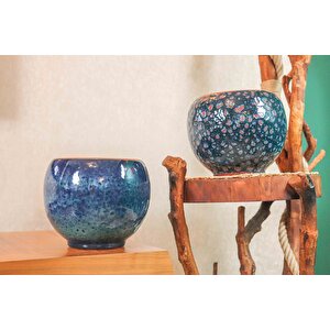 Okyanus Mavisi Ve Lacivert Şekilli Artistik Çift Sırlı İç Ve Dış Mekan Kullanımlı Toprak Terrakota Saksı Saksılık S