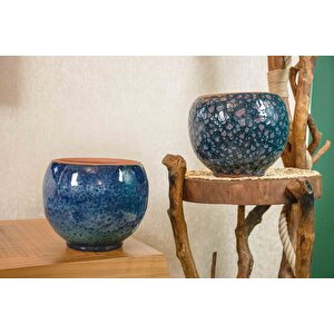 Okyanus Mavisi Ve Lacivert Şekilli Artistik Çift Sırlı İç Ve Dış Mekan Kullanımlı Toprak Terrakota Saksı Saksılık S