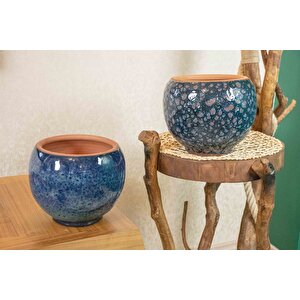 Bitki Tasarımı Okyanus Mavisi Ve Lacivert Şekilli Artistik Çift Sırlı İç Ve Dış Mekan Kullanımlı Toprak Terrakota Saksı Saksılık S