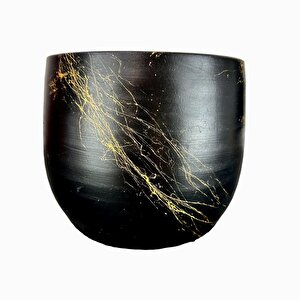 Siyah Üzeri Gold Mermer Efektli Toprak Saksı Saksılık Salon Çiçeklik - 19 Cm