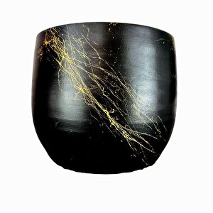 Bitki Tasarımı  Siyah Üzeri Gold Mermer Efektli Toprak Saksı Saksılık Salon Çiçeklik - 19 Cm