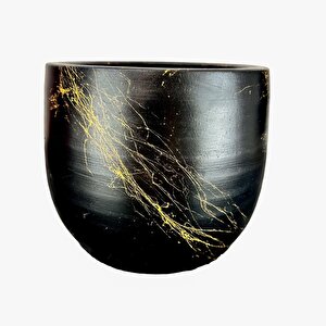 Bitki Tasarımı  Siyah Üzeri Gold Mermer Efektli Toprak Saksı Saksılık Salon Çiçeklik - 19 Cm