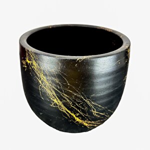 Bitki Tasarımı  Siyah Üzeri Gold Mermer Efektli Toprak Saksı Saksılık Salon Çiçeklik - 19 Cm