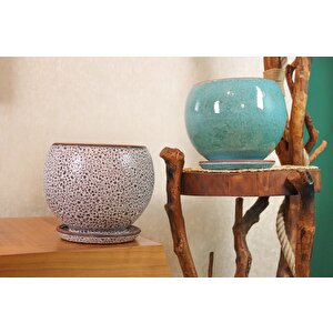 Krem Kahve Şekilli Ve Turkuaz Artistik Çift Sırlı İç Ve Dış Mekan Kullanımlı Tabaklı Toprak Terrakota Saksı Saksılı