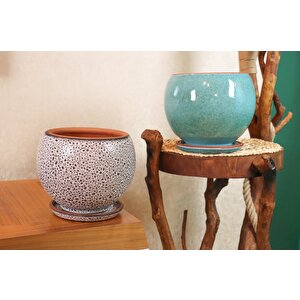 Krem Kahve Şekilli Ve Turkuaz Artistik Çift Sırlı İç Ve Dış Mekan Kullanımlı Tabaklı Toprak Terrakota Saksı Saksılı