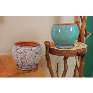 Bitki Tasarımı Krem Kahve Şekilli Ve Turkuaz Artistik Çift Sırlı İç Ve Dış Mekan Kullanımlı Tabaklı Toprak Terrakota Saksı Saksılı