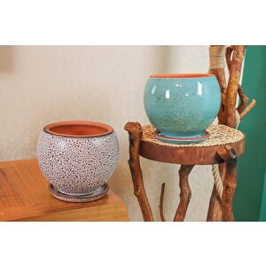 Bitki Tasarımı Krem Kahve Şekilli Ve Turkuaz Artistik Çift Sırlı İç Ve Dış Mekan Kullanımlı Tabaklı Toprak Terrakota Saksı Saksılı