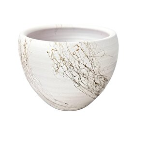 Beyaz Üzeri Gold Mermer Efektli Toprak Saksı Saksılık Salon Çiçeklik - 15 Cm