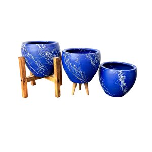 Bitki Tasarımı  Lacivert Üzeri Beyaz Mermer Efektli Toprak Saksı Saksılık Salon Çiçeklik Üçlü Set - 15 Cm