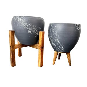 Gri Üzeri Beyaz Mermer Efektli Toprak Saksı Saksılık Salon Çiçeklik İkili Set 3 Ayaklı- 4 Ayaklı- 15 Cm
