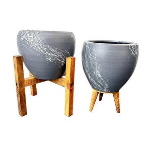 Gri Üzeri Beyaz Mermer Efektli Toprak Saksı Saksılık Salon Çiçeklik İkili Set 3 Ayaklı- 4 Ayaklı- 15 Cm