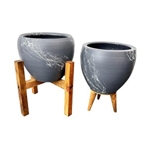 Bitki Tasarımı Gri Üzeri Beyaz Mermer Efektli Toprak Saksı Saksılık Salon Çiçeklik İkili Set 3 Ayaklı- 4 Ayaklı- 15 Cm
