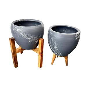 Bitki Tasarımı Gri Üzeri Beyaz Mermer Efektli Toprak Saksı Saksılık Salon Çiçeklik İkili Set 3 Ayaklı- 4 Ayaklı- 15 Cm