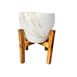 Beyaz Üzeri Gold Mermer Efektli Toprak Saksı Saksılık Salon Çiçeklik 4 Ayaklı - 15 Cm