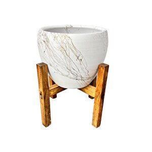 Bitki Tasarımı Beyaz Üzeri Gold Mermer Efektli Toprak Saksı Saksılık Salon Çiçeklik 4 Ayaklı - 15 Cm