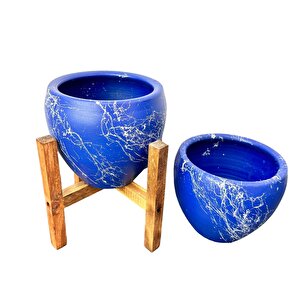 Bitki Tasarımı Lacivert Üzeri Beyaz Mermer Efektli Toprak Saksı Saksılık Salon Çiçeklik İkili Set Ayaksız - 4 Ayaklı- 15 Cm