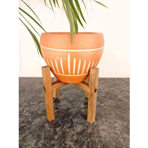 Dik Çizgi Desenli Terrakota Toprak Saksı Saksılık Salon Çiçeklik 4 Ayaklı - 15 Cm