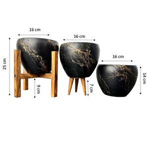 Siyah Üzeri Gold Mermer Efektli Toprak Saksı Saksılık Salon Çiçeklik Üçlü Set - 15 Cm