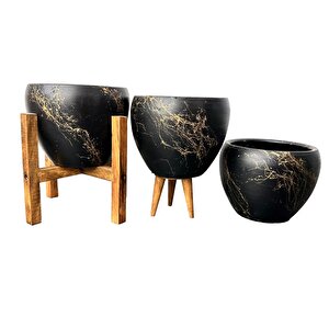 Siyah Üzeri Gold Mermer Efektli Toprak Saksı Saksılık Salon Çiçeklik Üçlü Set - 15 Cm