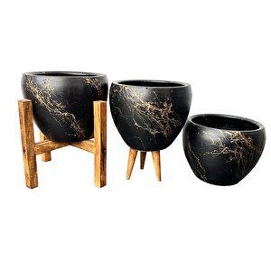 Bitki Tasarımı Siyah Üzeri Gold Mermer Efektli Toprak Saksı Saksılık Salon Çiçeklik Üçlü Set - 15 Cm