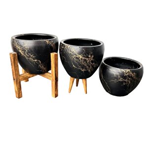Bitki Tasarımı Siyah Üzeri Gold Mermer Efektli Toprak Saksı Saksılık Salon Çiçeklik Üçlü Set - 15 Cm
